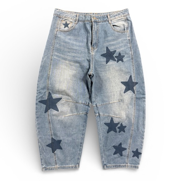 Denim - Y2K Style Star Print Barrel Jeans Women’s Medium Cropped Statement Denim